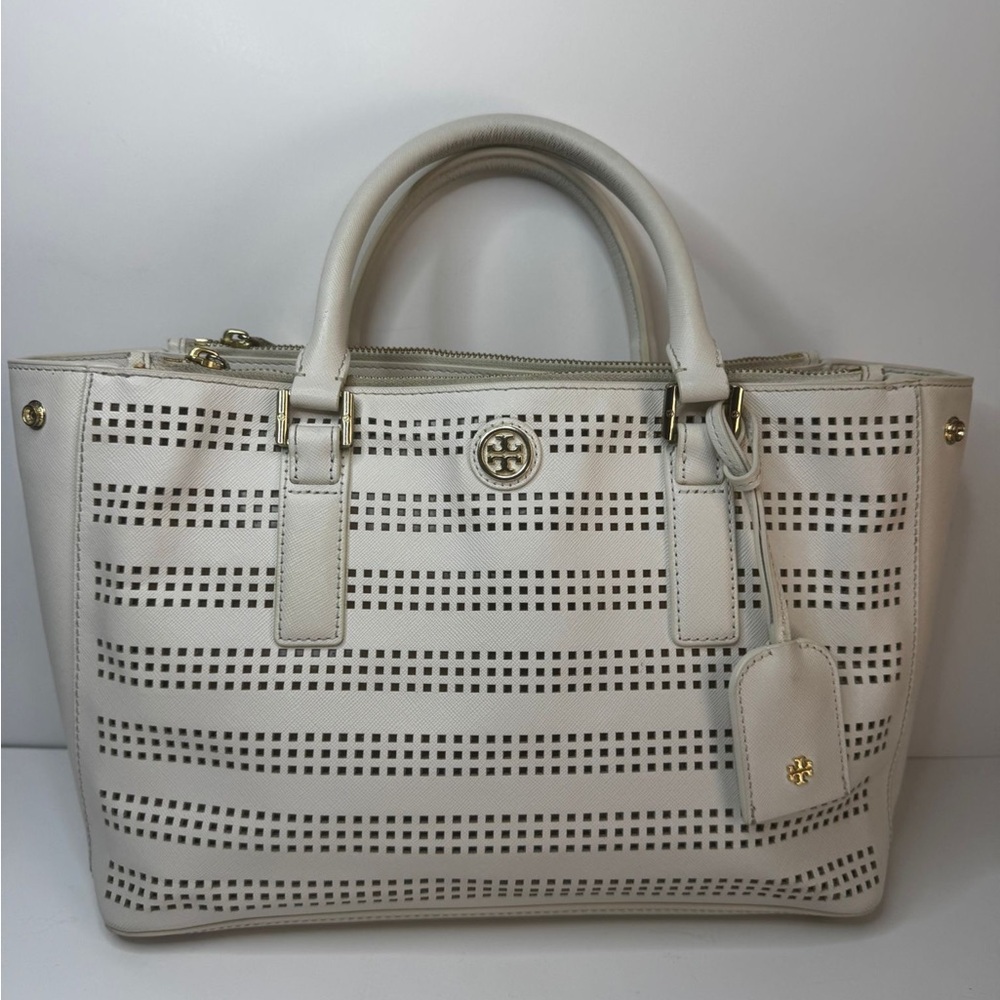 Tory Burch Robinson Crossbody White Handbag Perforated Double Zip Tote